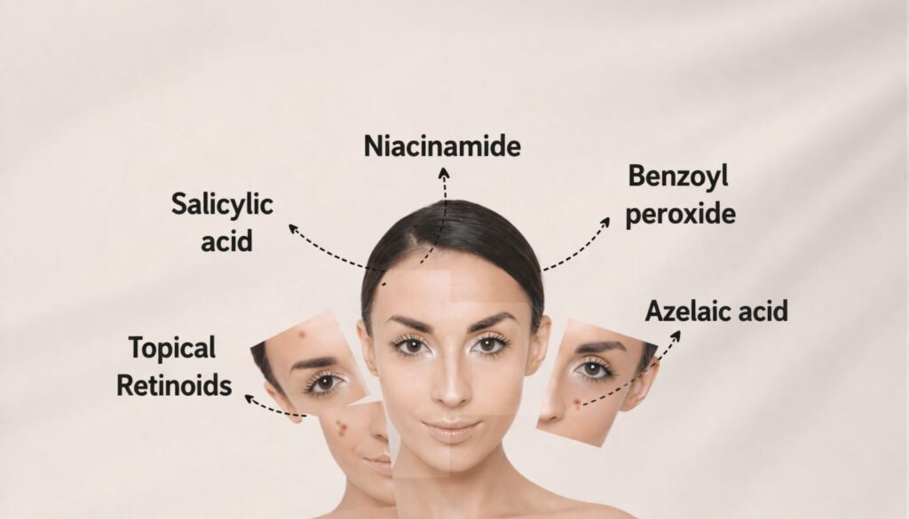 Infographic showing acne-prone skin care ingredients including niacinamide, salicylic acid, benzoyl peroxide, azelaic acid, and topical retinoids around a clear female face