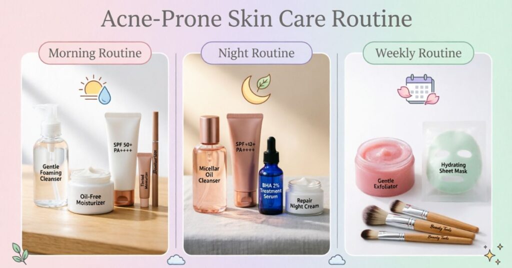 morning night and weekly skincare routine for acne prone skin with cleanser moisturizer sunscreen acne treatment and exfoliation