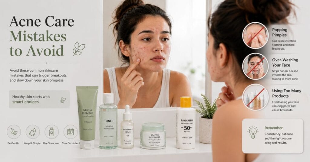 Young person with acne-prone skin looking in mirror with visual icons showing common skincare mistakes like over-washing face, popping pimples, using too many products, and skipping sunscreen, representing acne care mistakes to avoid.