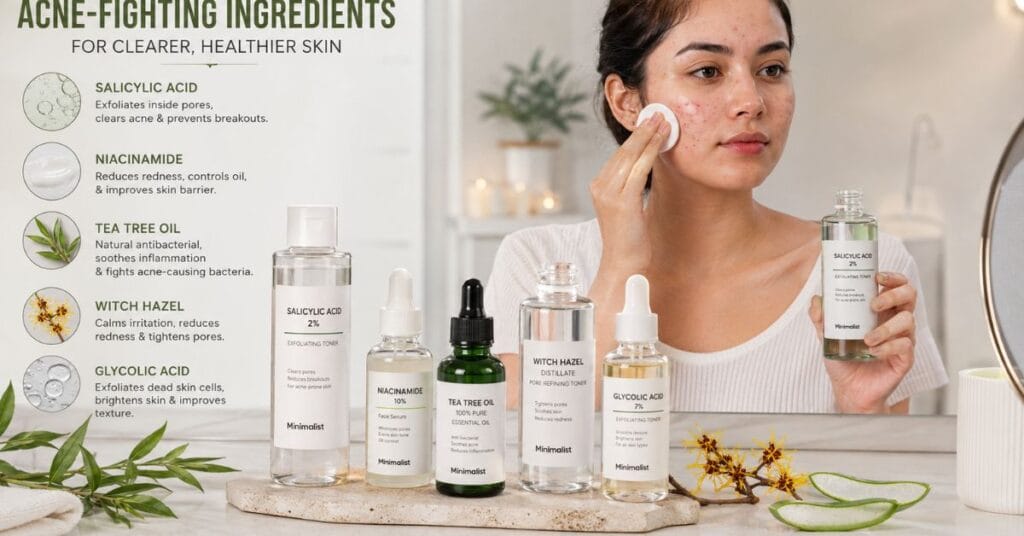 Skincare products with salicylic acid, niacinamide, tea tree oil, witch hazel, and glycolic acid used for acne, dead skin removal, and improved skin texture.