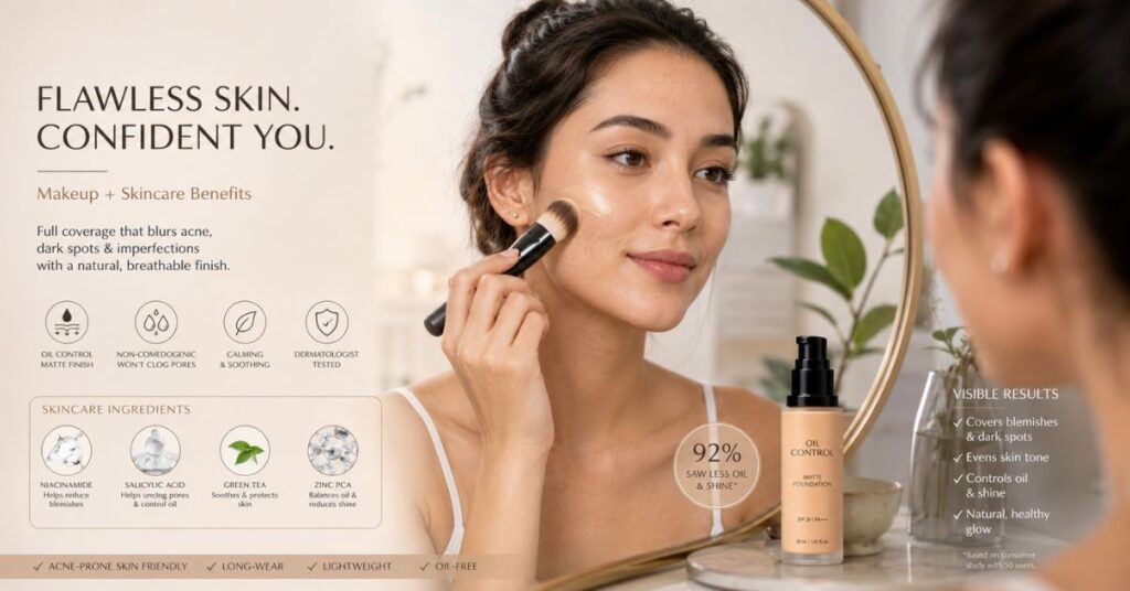 Woman applying foundation on acne-prone skin in front of a mirror showing smooth coverage, even skin tone, oil control, and a confident appearance with skincare and makeup elements around her.