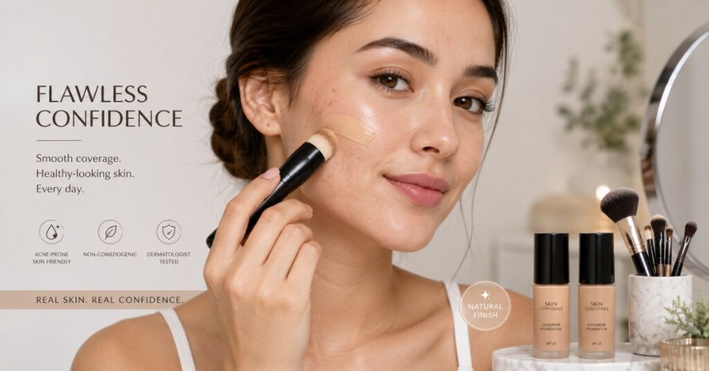 Woman applying foundation on acne-prone skin showing smooth coverage, even skin tone, reduced shine, and a fresh confident look with makeup tools and foundation products nearby.