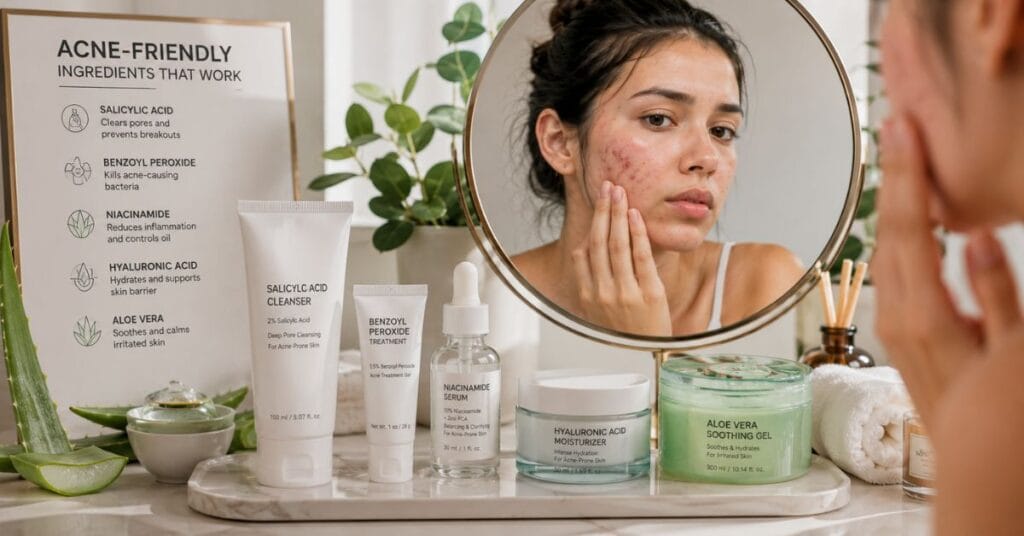 Acne-friendly skincare ingredients including salicylic acid, benzoyl peroxide, niacinamide, hyaluronic acid, and aloe vera for clear and healthy skin.