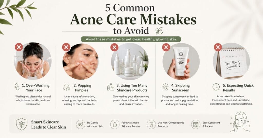 Infographic showing common acne care mistakes including over-washing face, popping pimples, using too many products, skipping sunscreen, and expecting quick results.