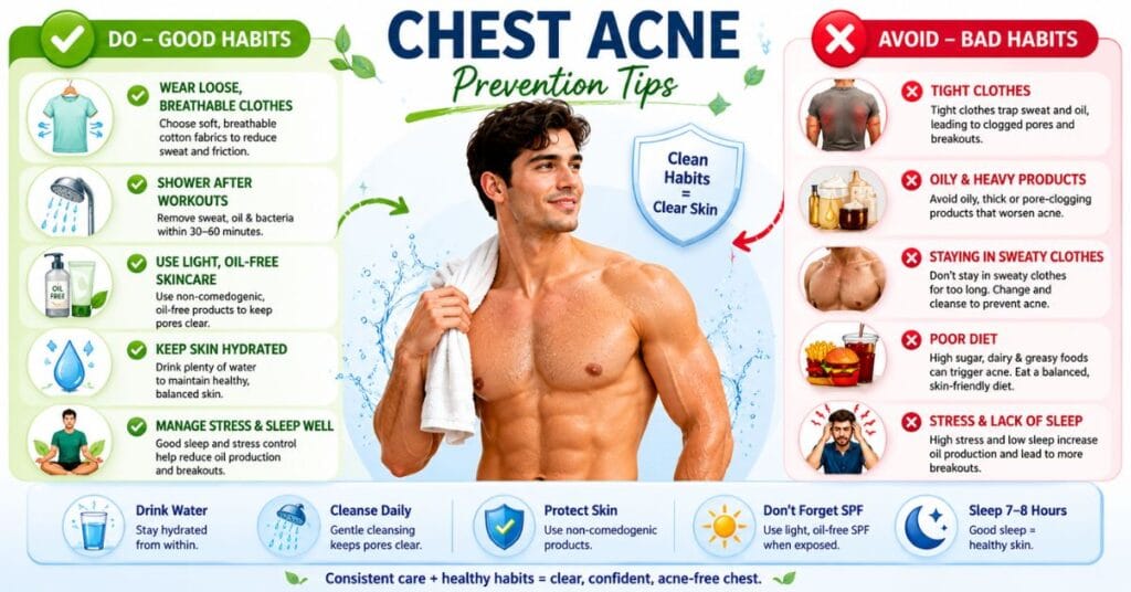 Infographic showing chest acne prevention tips including wearing loose clothes, showering after workouts, avoiding oily products, and maintaining a healthy skincare routine.