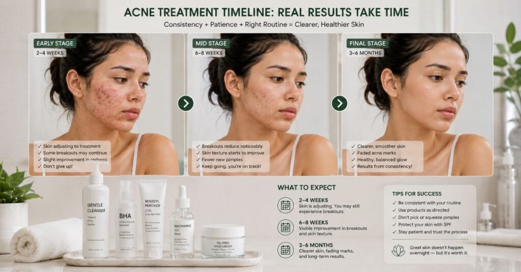 Timeline showing acne treatment results over 2–4 weeks, 6–8 weeks, and 3–6 months with gradually clearer and healthier skin.
