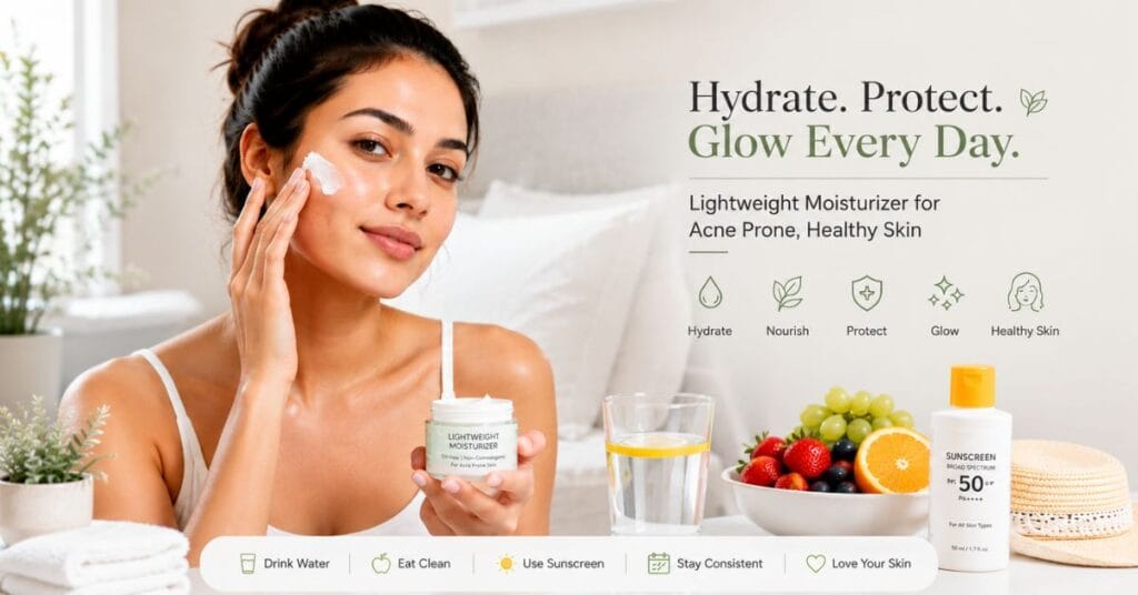Young woman applying moisturizer on acne-prone skin with skincare items like water, fruits, sunscreen, and clean lifestyle elements in background.