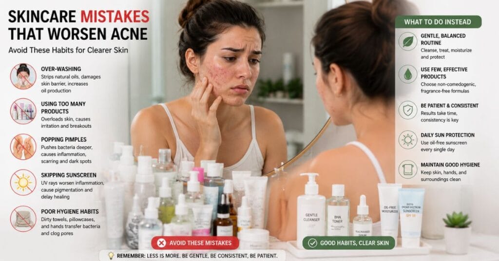 Common acne skincare mistakes including over-washing, popping pimples, skipping sunscreen, and poor hygiene habits.