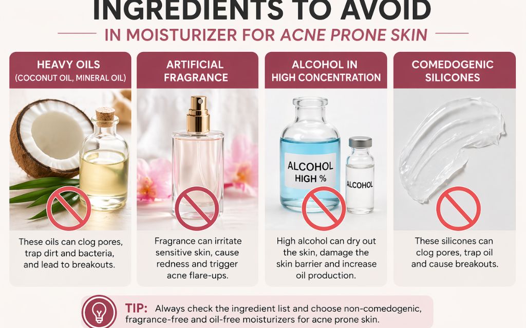 ingredients to avoid in top 10 best moisturizer for acne parone skin including heavy oils fragrance alcohol and silicones infographic