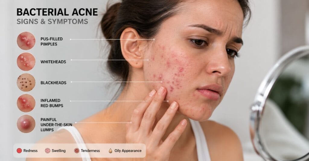 Close-up of bacterial acne symptoms including inflamed pimples, whiteheads, blackheads, pus-filled spots, and irritated skin.