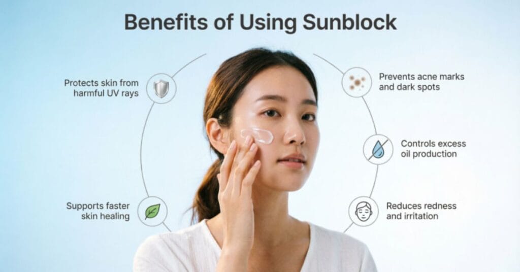 Woman applying sunblock on acne prone skin with infographic showing UV protection, oil control, reduced redness, and prevention of dark spots.