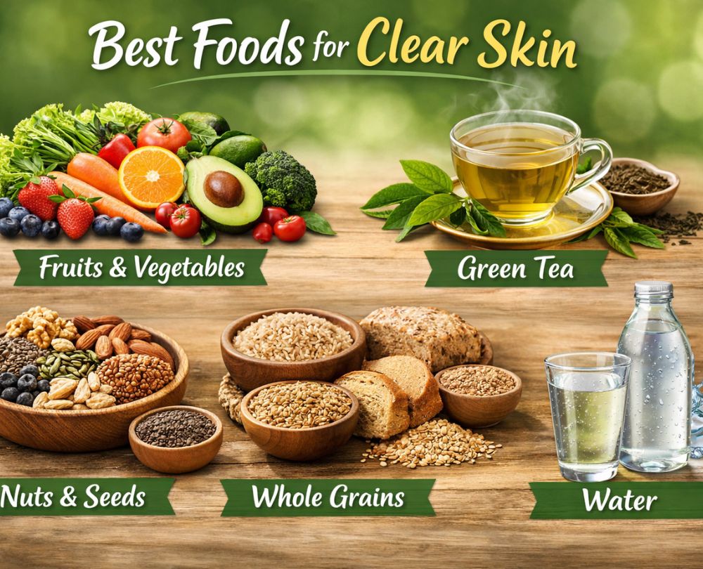 Infographic showing best foods for clear skin including fruits and vegetables, green tea, nuts and seeds, whole grains, and water arranged in labeled sections for healthy skin support.