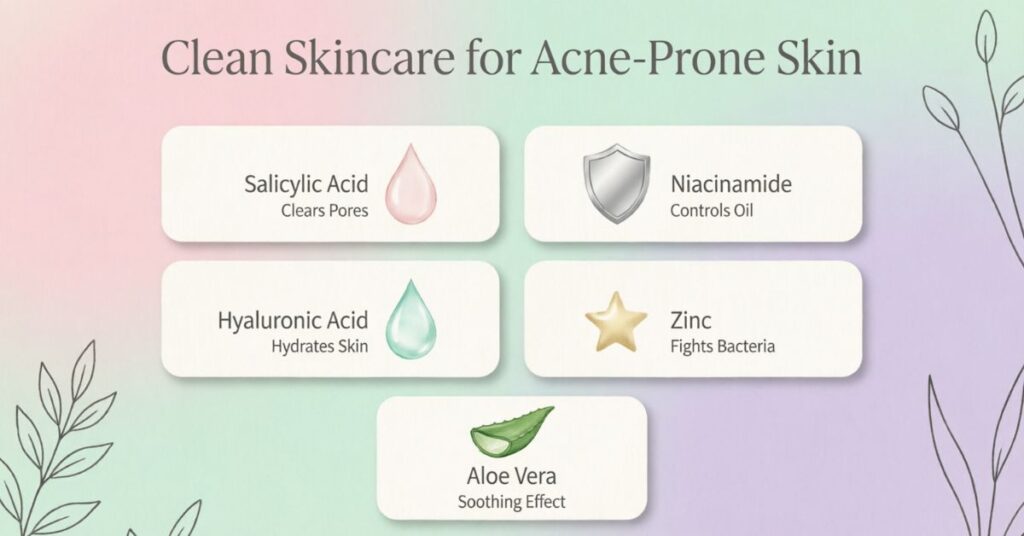 best ingredients for acne prone skin including salicylic acid niacinamide hyaluronic acid zinc and aloe vera with benefits