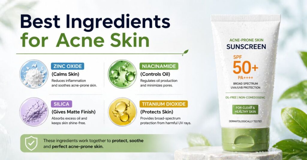 Infographic showing best ingredients for acne prone skin including zinc oxide, niacinamide, silica, and titanium dioxide with sunscreen product on clean background