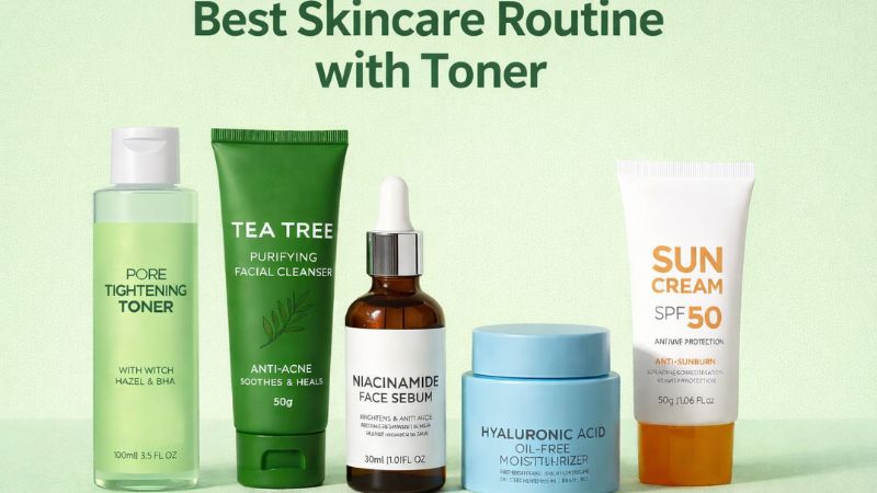 Best skincare routine with toner showing cleanser, toner, niacinamide serum, hyaluronic acid moisturizer and SPF 50 sunscreen on light green background for acne-prone skin
