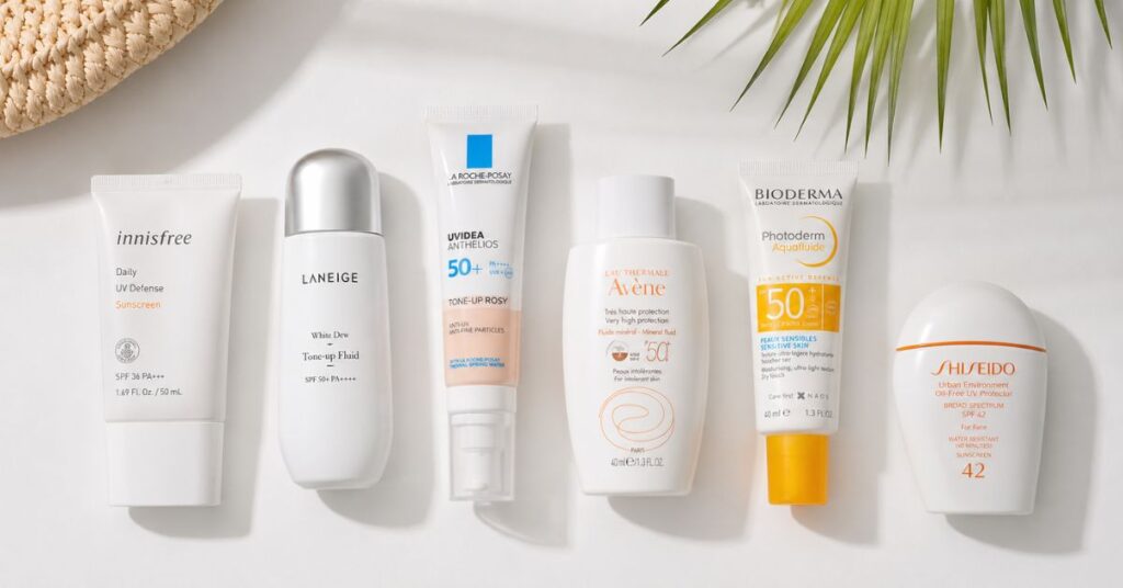 best sunblock for acne prone skin flat lay sunscreen products on white background