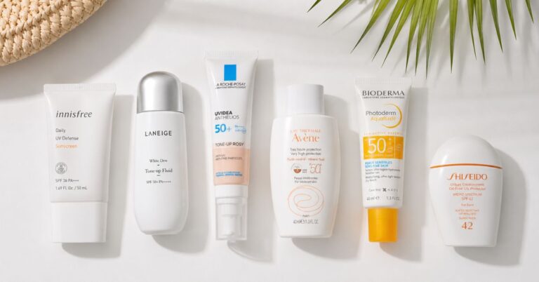 best sunblock for acne prone skin flat lay sunscreen products on white background