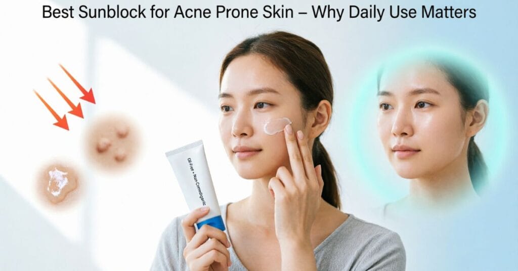 Woman applying lightweight sunblock for acne prone skin with UV protection and clear glowing skin illustration.