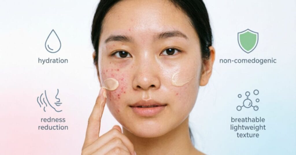 Infographic showing benefits of tinted moisturizer for acne prone skin including makeup and skincare together, time and money saving, easy daily application, suitable for all skin tones, and improved skin texture over time