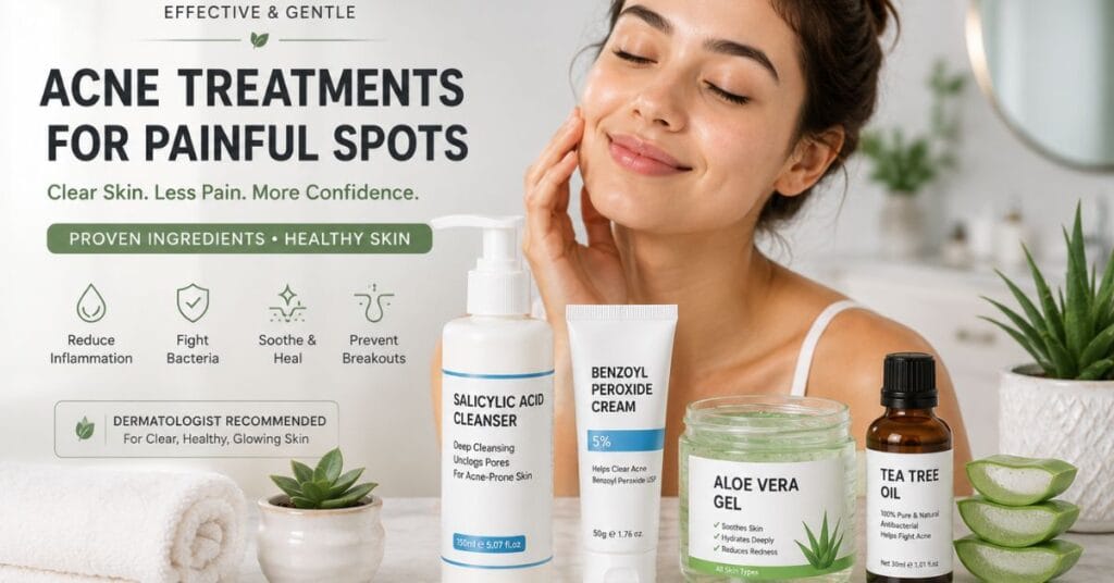 Salicylic acid, benzoyl peroxide, aloe vera, and tea tree oil acne treatment products for clearer skin.