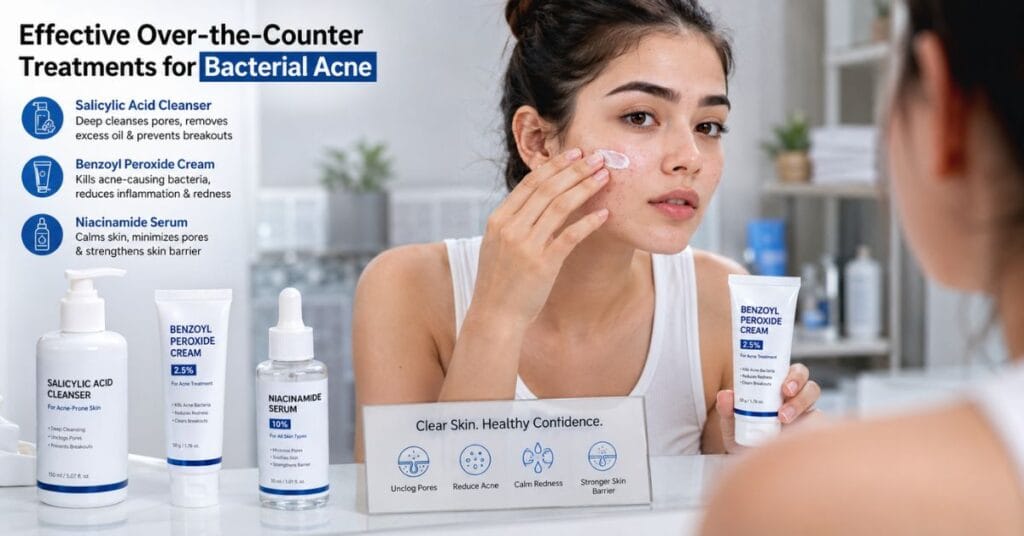 Over-the-counter bacterial acne treatments including salicylic acid, benzoyl peroxide, and niacinamide for clearer skin.