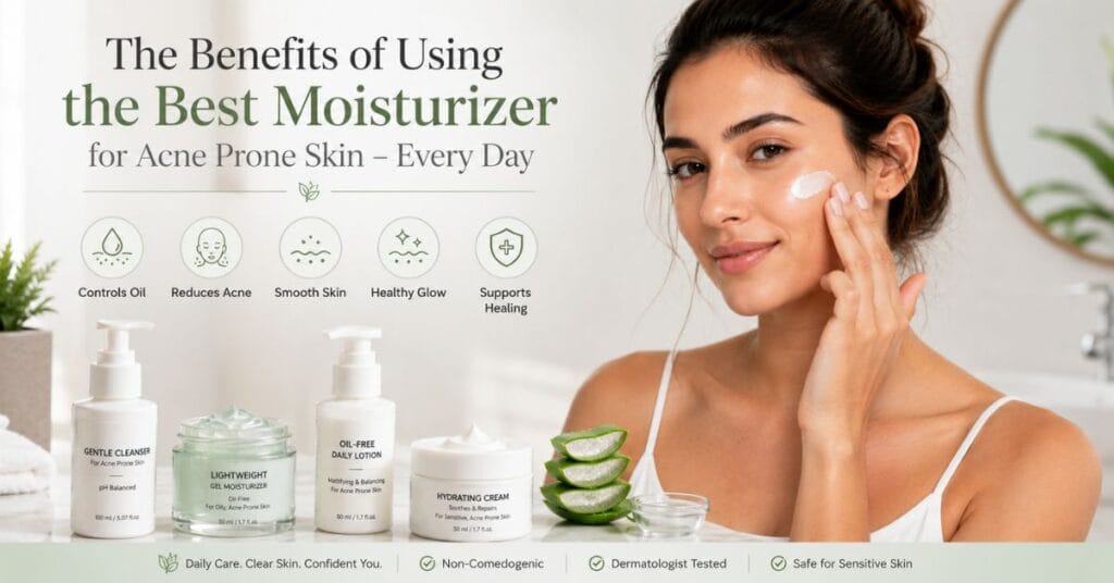 Young woman applying the best moisturizer for acne prone skin with gel, cream, and lotion products arranged on a modern bathroom counter for healthy glowing skin.