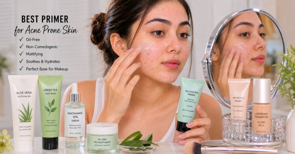 Acne-prone woman applying oil-free mattifying primer with niacinamide, aloe vera, and green tea skincare products on vanity table.