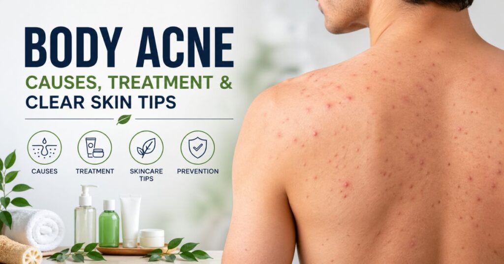 body acne on back with skincare products and treatment tips infographic