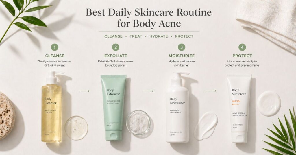 body acne skincare routine products flat lay