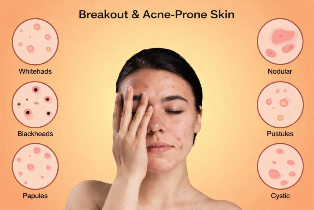 Breakout and acne-prone skin infographic showing different types of acne on face