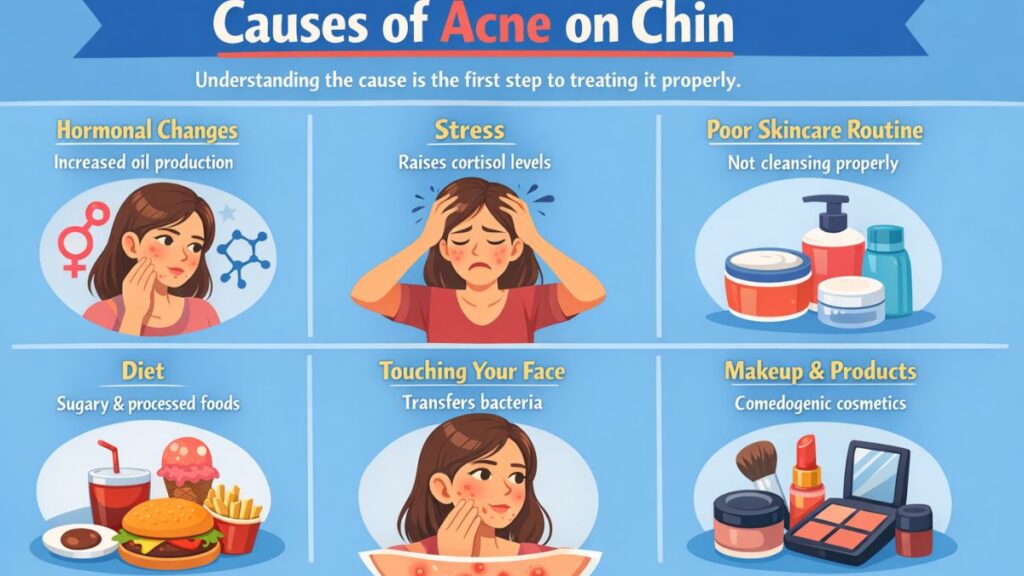 “Illustration explaining causes of acne on chin such as hormonal imbalance, stress, and clogged pores”