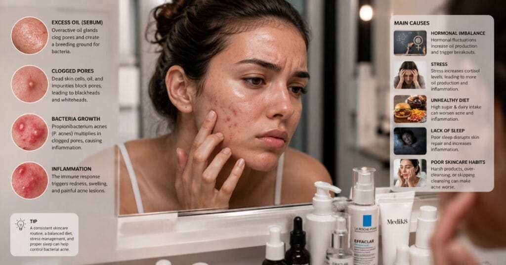 Young adult with oily acne-prone skin showing bacterial acne caused by excess oil, hormones, clogged pores, stress, and poor skincare habits.