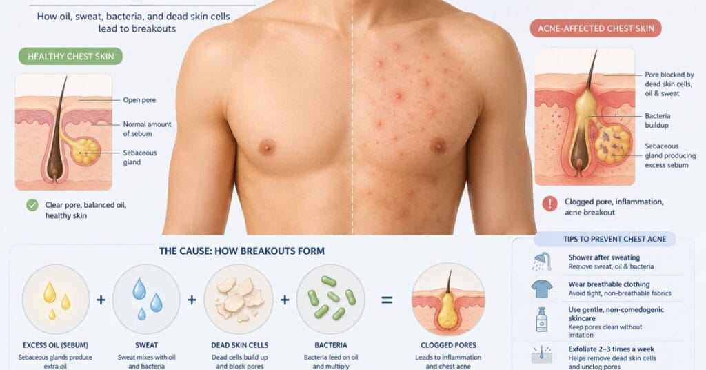 Educational diagram showing chest acne formation caused by blocked pores, excess oil, sweat, and bacteria on skin.
