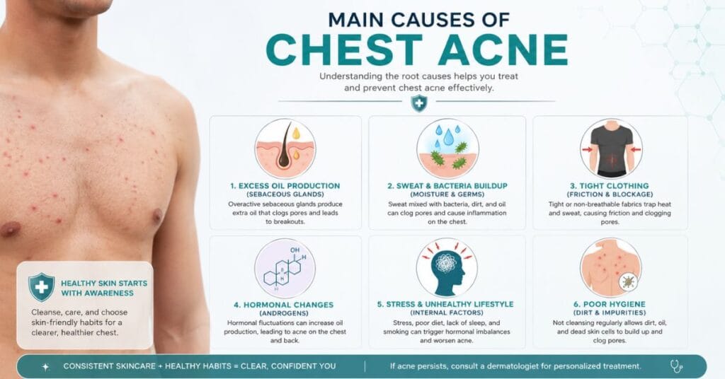 Infographic showing main causes of chest acne including excess oil, sweat and bacteria buildup, tight clothing, hormonal changes, stress, and poor hygiene habits.