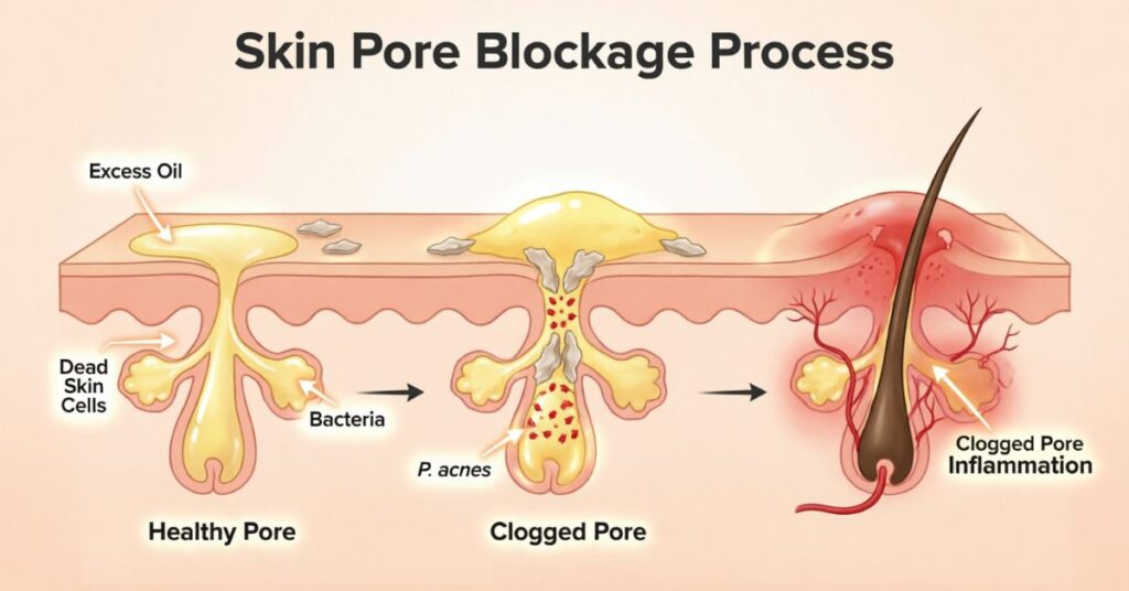 Diagram showing clogged pores with oil and bacteria causing painful spots