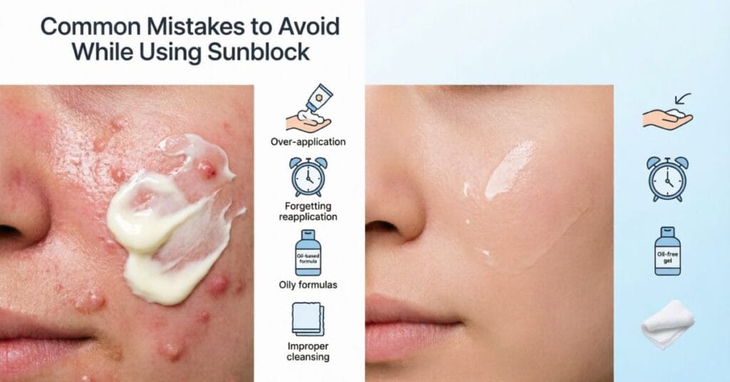 Skincare infographic showing common sunblock mistakes for acne prone skin including oily formulas, over-application, skipped reapplication, and clogged pores.