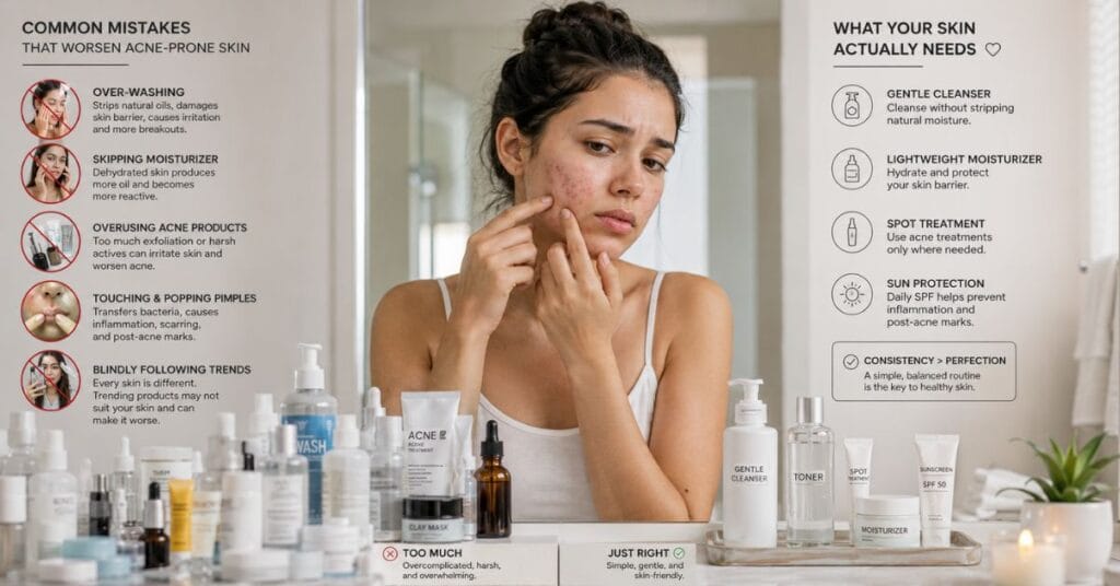 Common skincare mistakes that worsen acne including over-washing, skipping moisturizer, overusing products, and popping pimples.