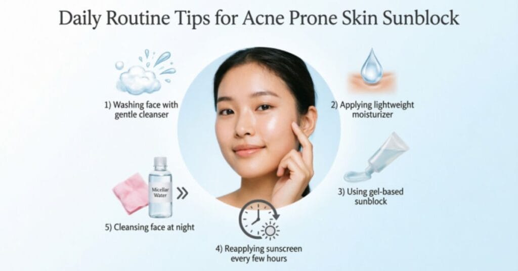 Skincare routine infographic showing daily steps for acne prone skin including cleansing, moisturizing, applying sunblock, reapplying sunscreen, and night cleansing.