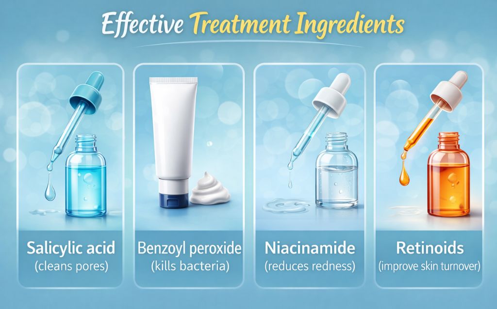 Infographic showing effective acne treatment ingredients including salicylic acid, benzoyl peroxide, niacinamide, and retinoids with their skin benefits like pore cleansing, bacteria control, redness reduction, and improved skin turnover.