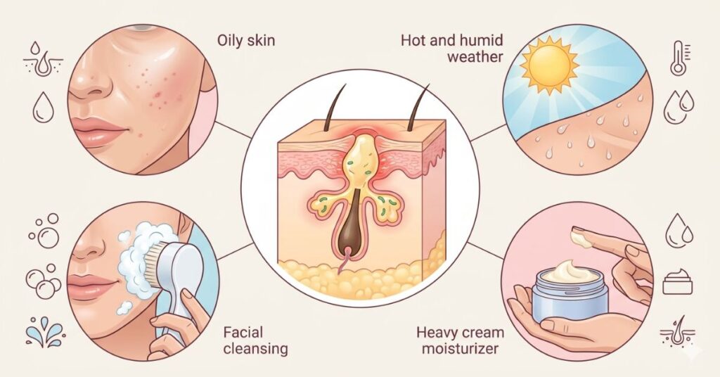 what causes back acne in females excess oil oily skin humid weather heavy creams poor cleansing