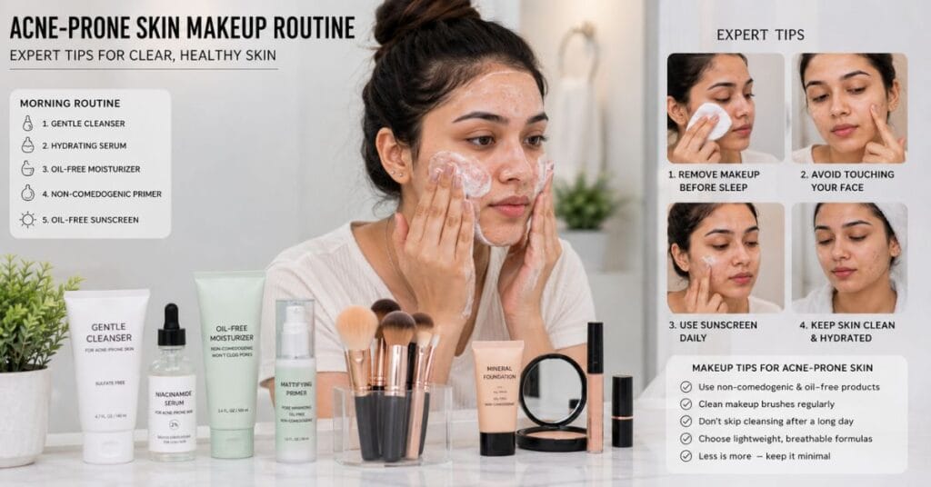 Woman with acne-prone skin following healthy makeup and skincare habits with clean tools and non-comedogenic products.