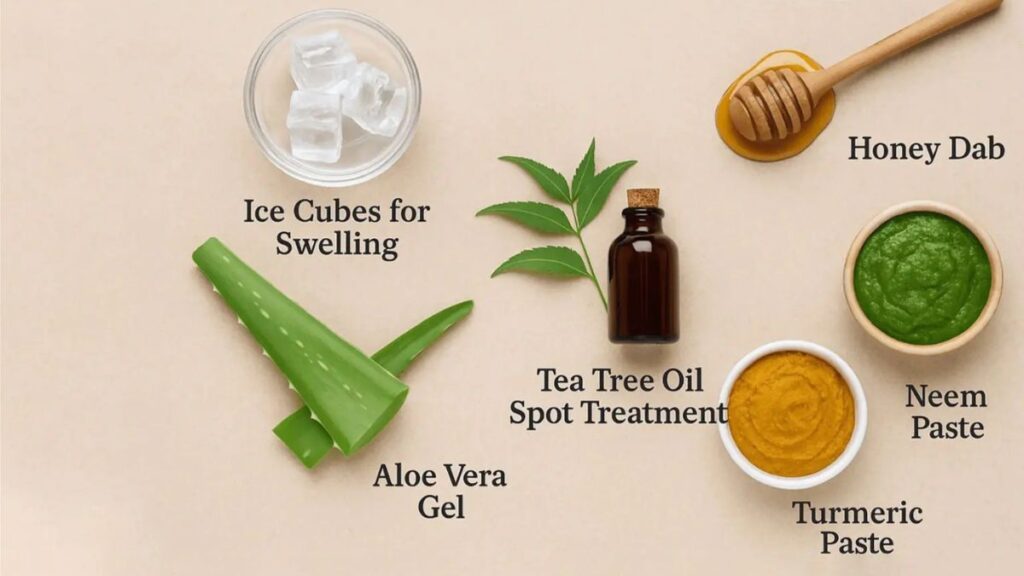 Natural home remedies for pimples including aloe vera, honey, and tea tree oil