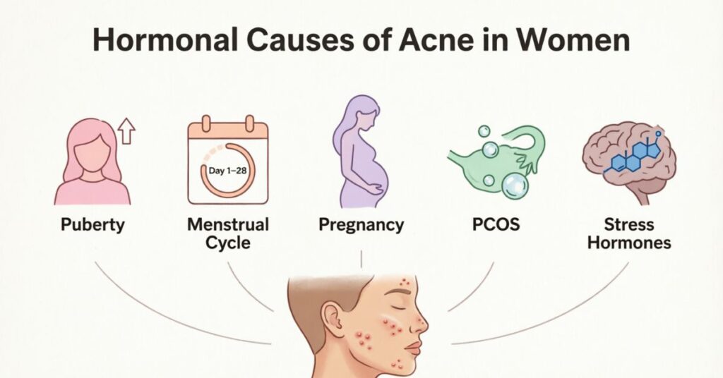 what causes back acne in females hormonal changes puberty menstrual cycle pregnancy PCOS stress