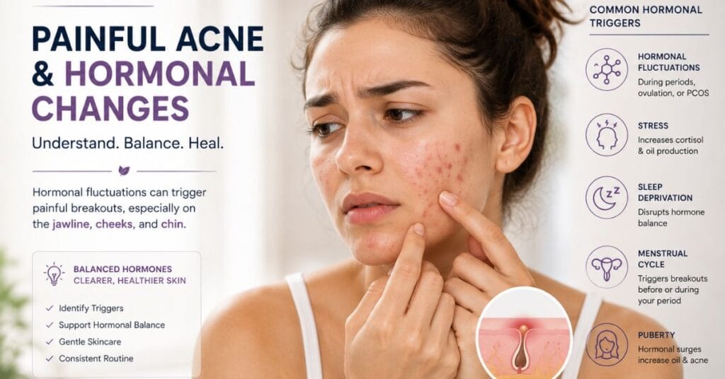 Young woman experiencing painful hormonal acne caused by stress, puberty, menstrual cycle, and lack of sleep.