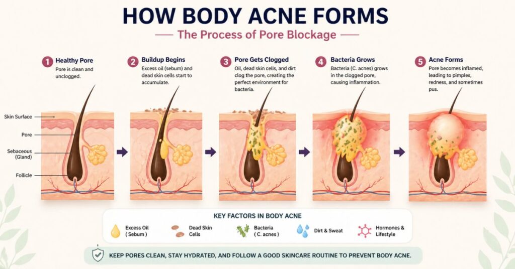 diagram showing how body acne forms in clogged pores