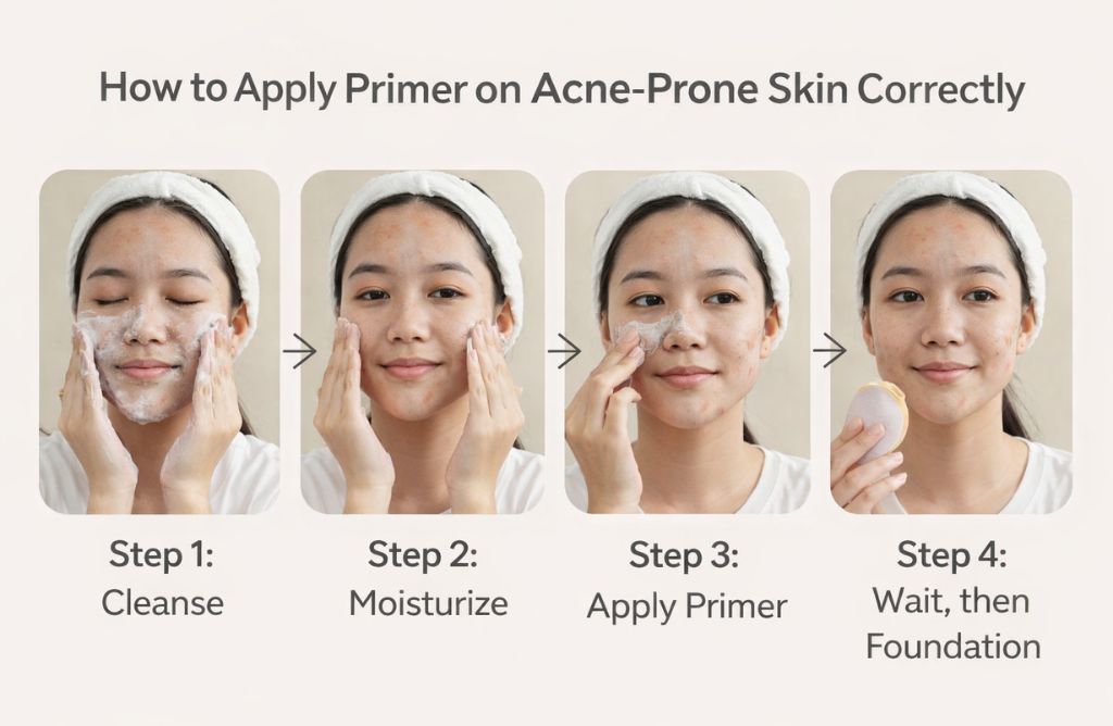 Infographic showing 4 steps to apply primer on acne-prone skin: cleanse, moisturize, apply primer, and wait for foundation.