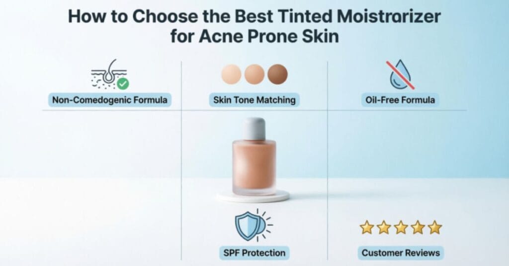 Skincare infographic showing how to choose the best tinted moisturizer for acne prone skin with steps like checking non-comedogenic formula, choosing oil-free product, matching skin tone, adding SPF protection, and reading customer reviews in a clean dermatology style layout