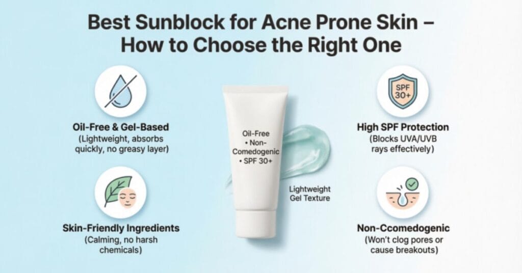 Lightweight oil-free sunblock for acne prone skin with SPF protection and non-greasy skincare formula illustration.