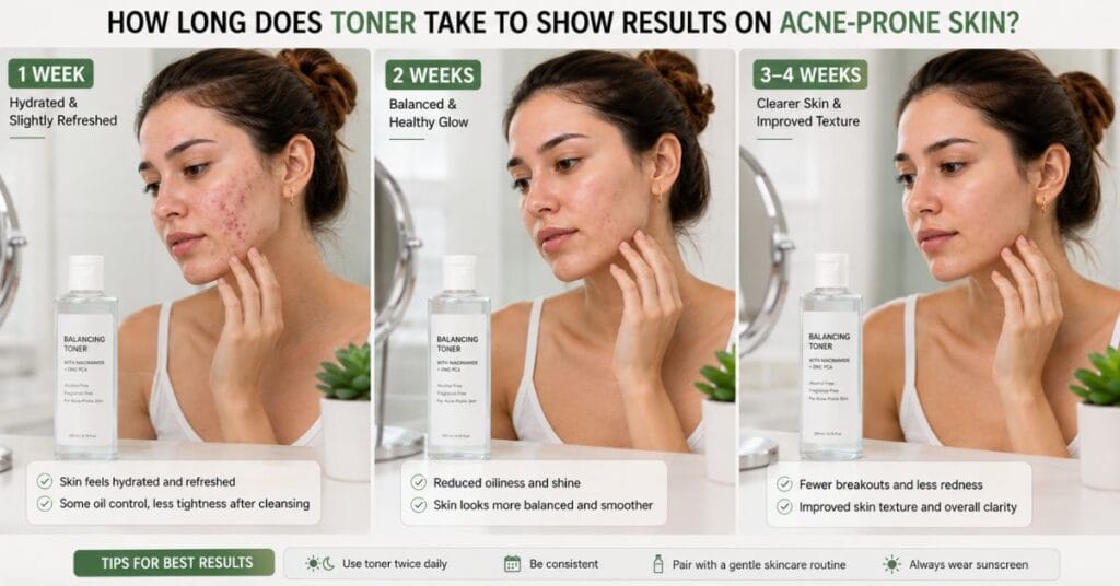 Skincare timeline showing toner results over 1 to 4 weeks including fresher skin, reduced oil, and clearer acne-prone skin.