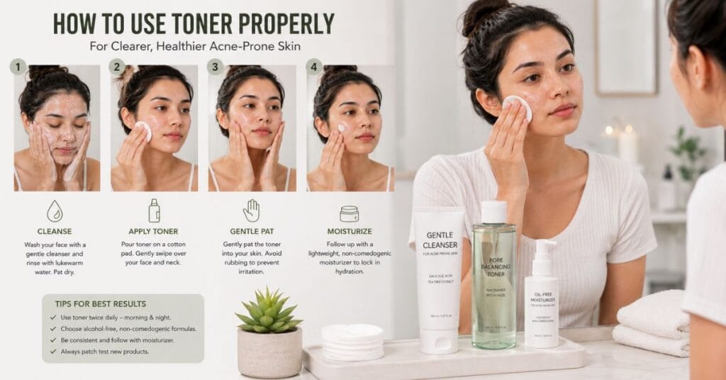 Step-by-step toner application after cleansing using cotton pad on acne-prone skin followed by moisturizer.